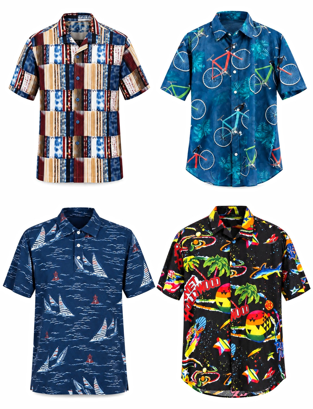 Set of 4 Shirts Mens L Rayon Graphoc Art Woven Short Sleeve Button-Up